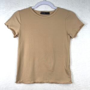 Brit Bri Shirt Women Tan Small Crew Neck Jersey Stretch Basic Neutral Casual Y2K